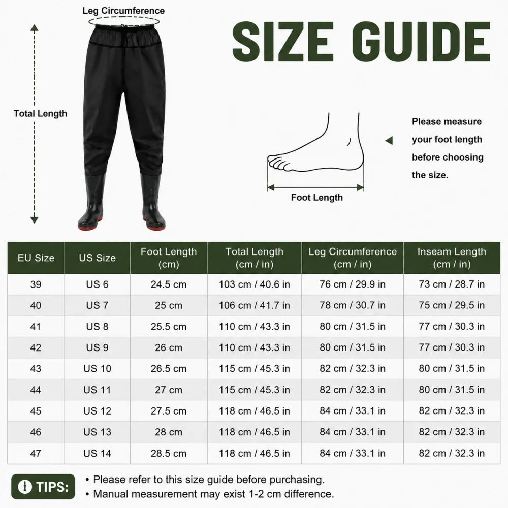 Waist High Fishing Waders for Men Women Waterproof Nylon PVC Wading Trousers with Boots Lure Fishing Size 6-14