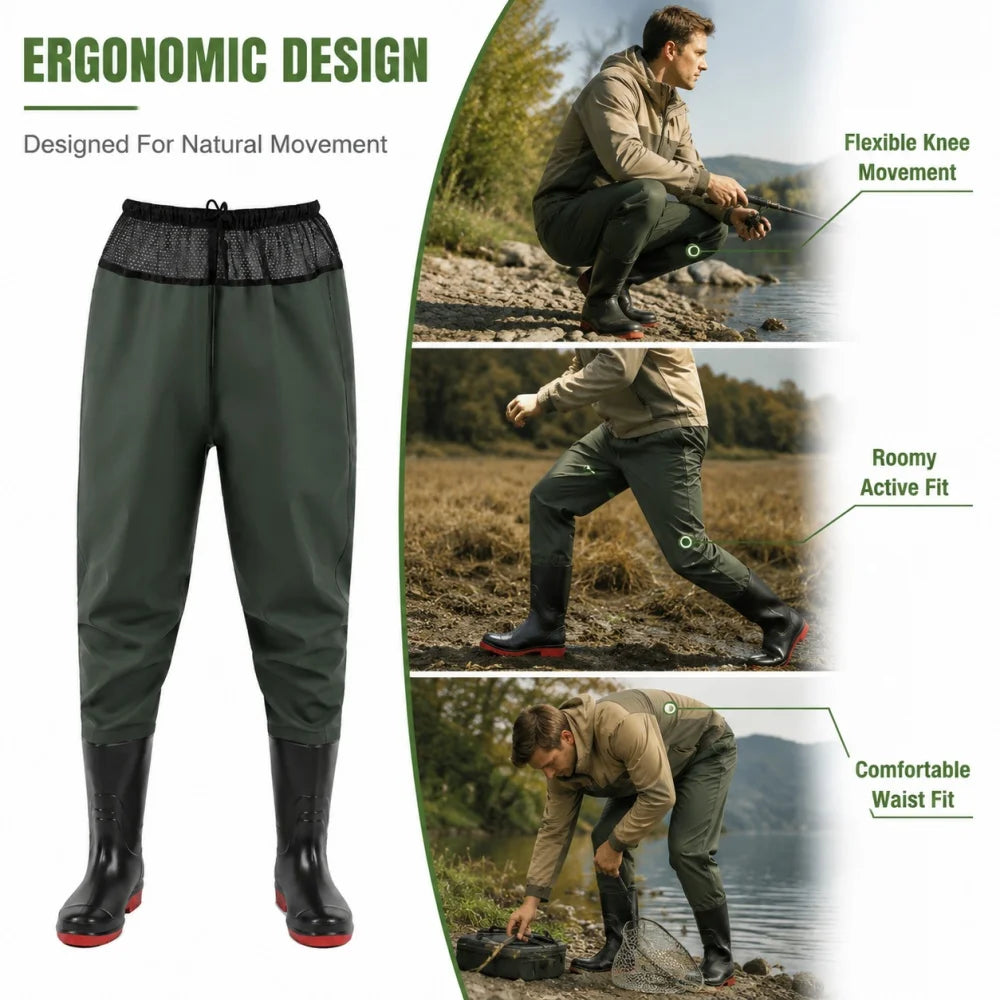 Waist High Fishing Waders for Men Women Waterproof Nylon PVC Wading Trousers with Boots Lure Fishing Size 6-14