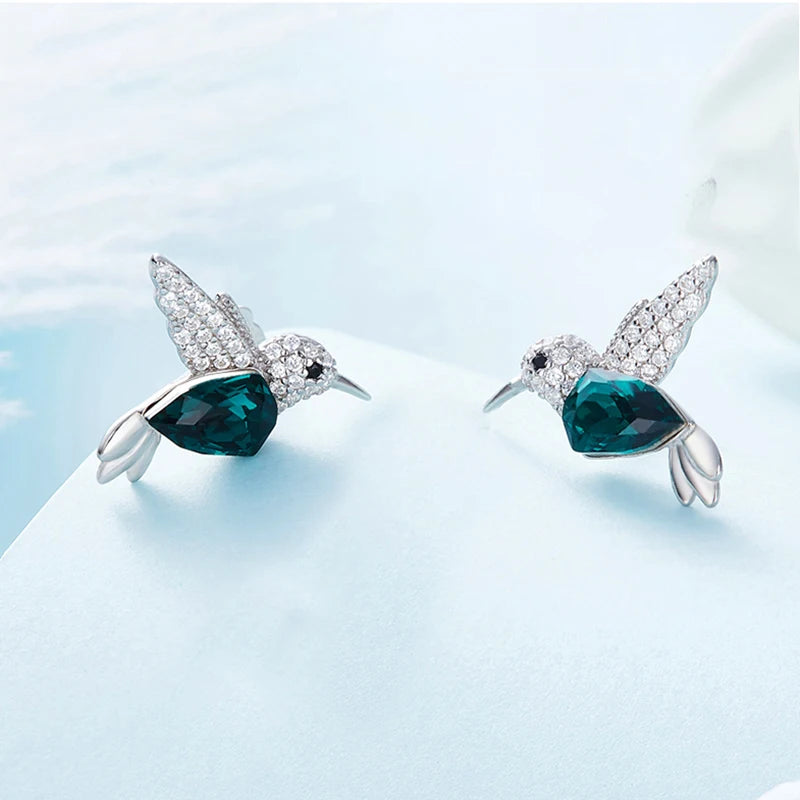 COCOM S925 Sterling Silver Hummingbird Crystal Stud Earrings for Women Girls Earrings 2021 Trend Christmas Fine Jewelry Gift