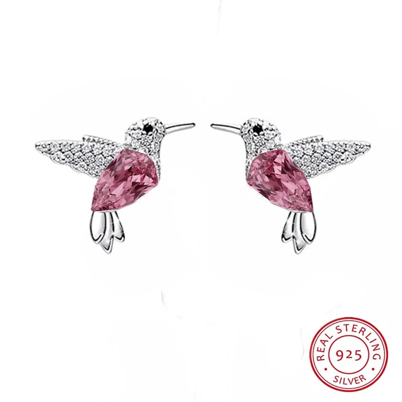 COCOM S925 Sterling Silver Hummingbird Crystal Stud Earrings for Women Girls Earrings 2021 Trend Christmas Fine Jewelry Gift