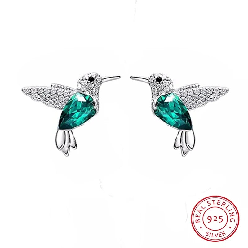 COCOM S925 Sterling Silver Hummingbird Crystal Stud Earrings for Women Girls Earrings 2021 Trend Christmas Fine Jewelry Gift