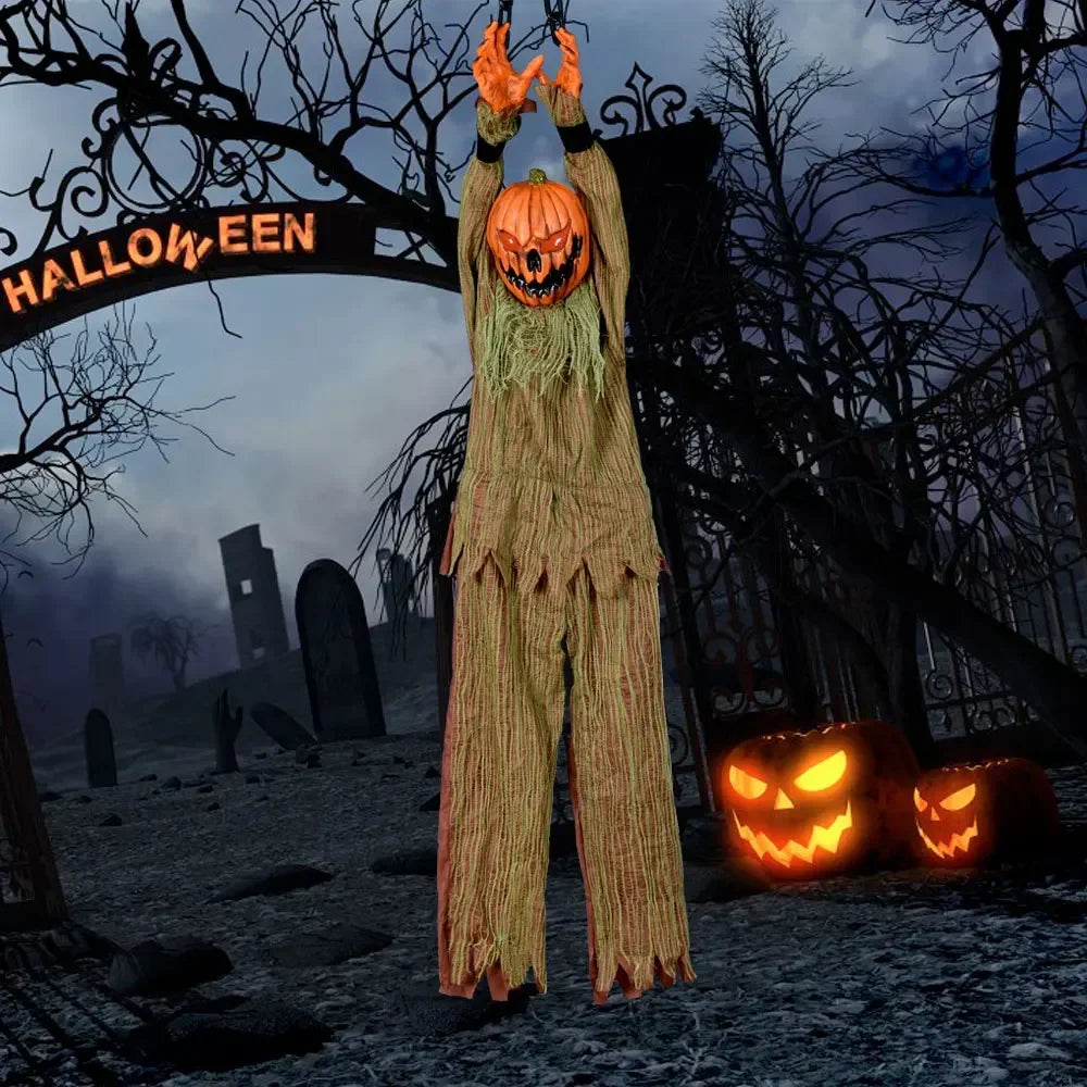1PC Halloween Hanging Pumpkin Head Decoration with Scary Sounds - Fabric, for Hanging Decor, Celebrates Halloween, Christmas
