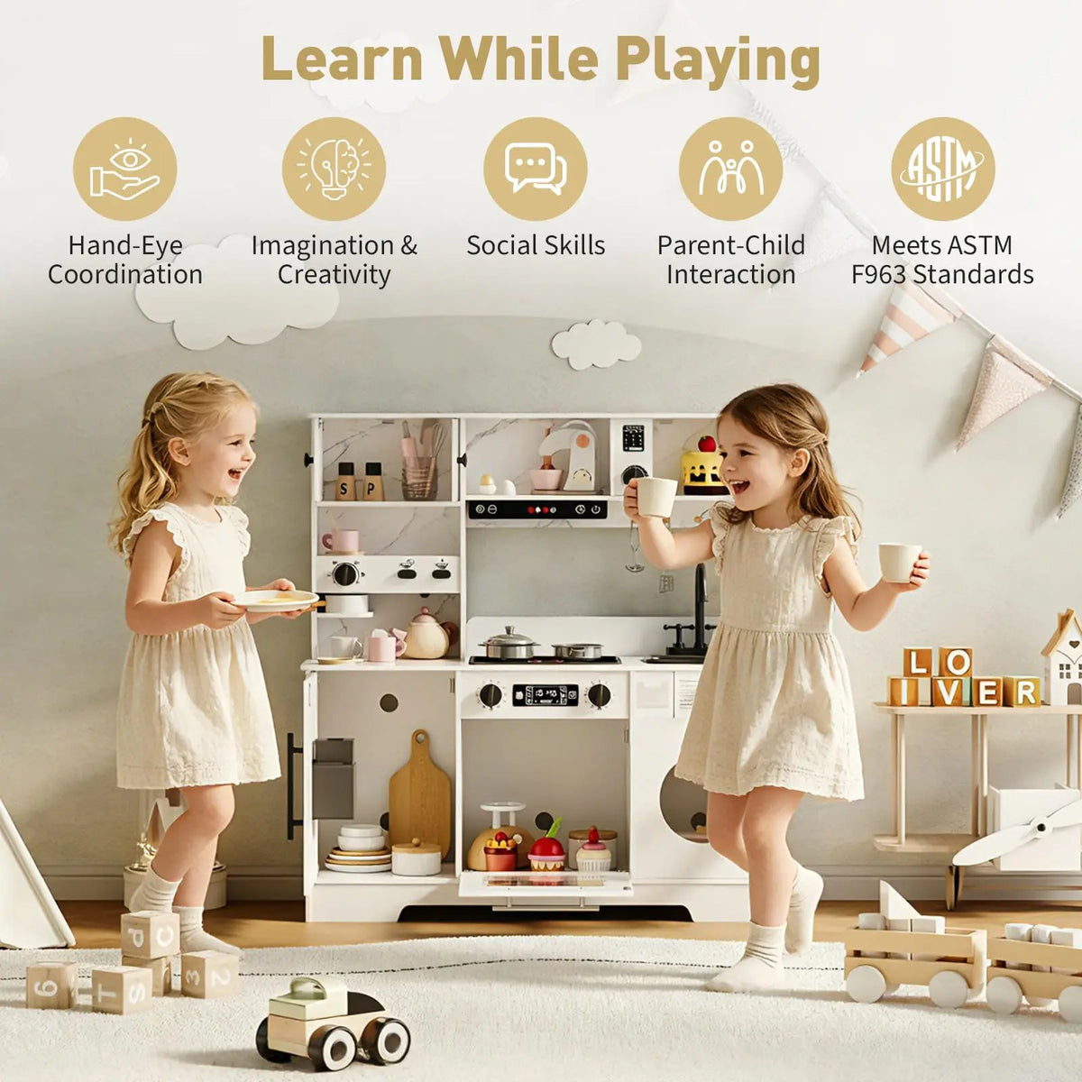 8-in-1 Wooden Play Kitchen Set For Kids With Lights Sounds, Ice Maker, Coffee Machine, Washer, 11 Accessories & Storage, Ages 3+