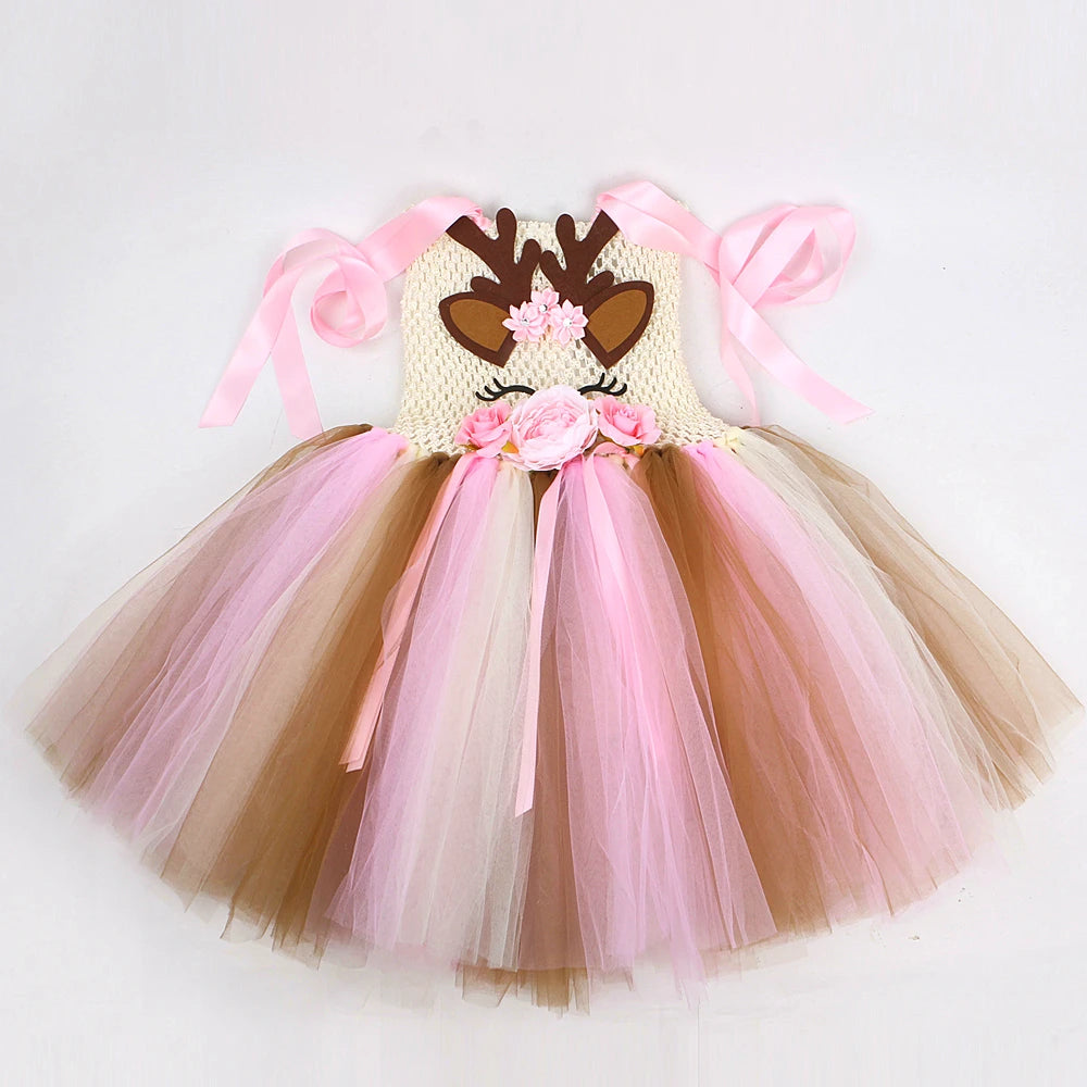 Pink Flowers Deer Costumes for Baby Girls Christmas Tutu Dress Kids Animal Reindeer Outfits Children Xmas Gift New Years Clothes