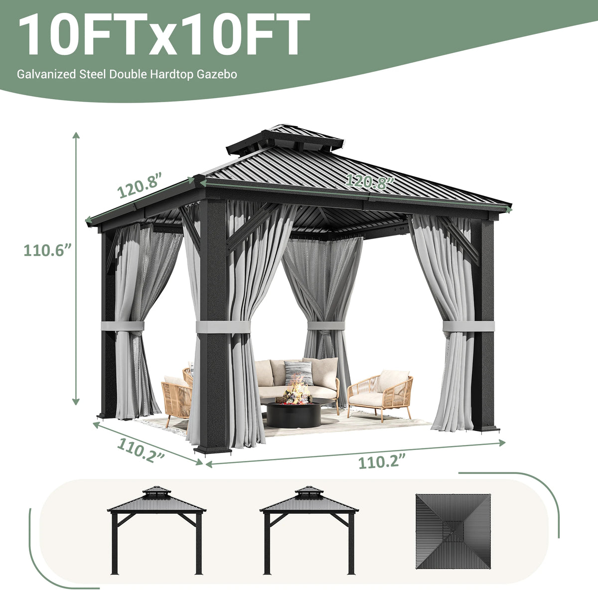 VIWAT 10x10 FT Hardtop Gazebo Galvanized Steel Roof W/ Netting Curtain All Weather for Backyard Patio Garden