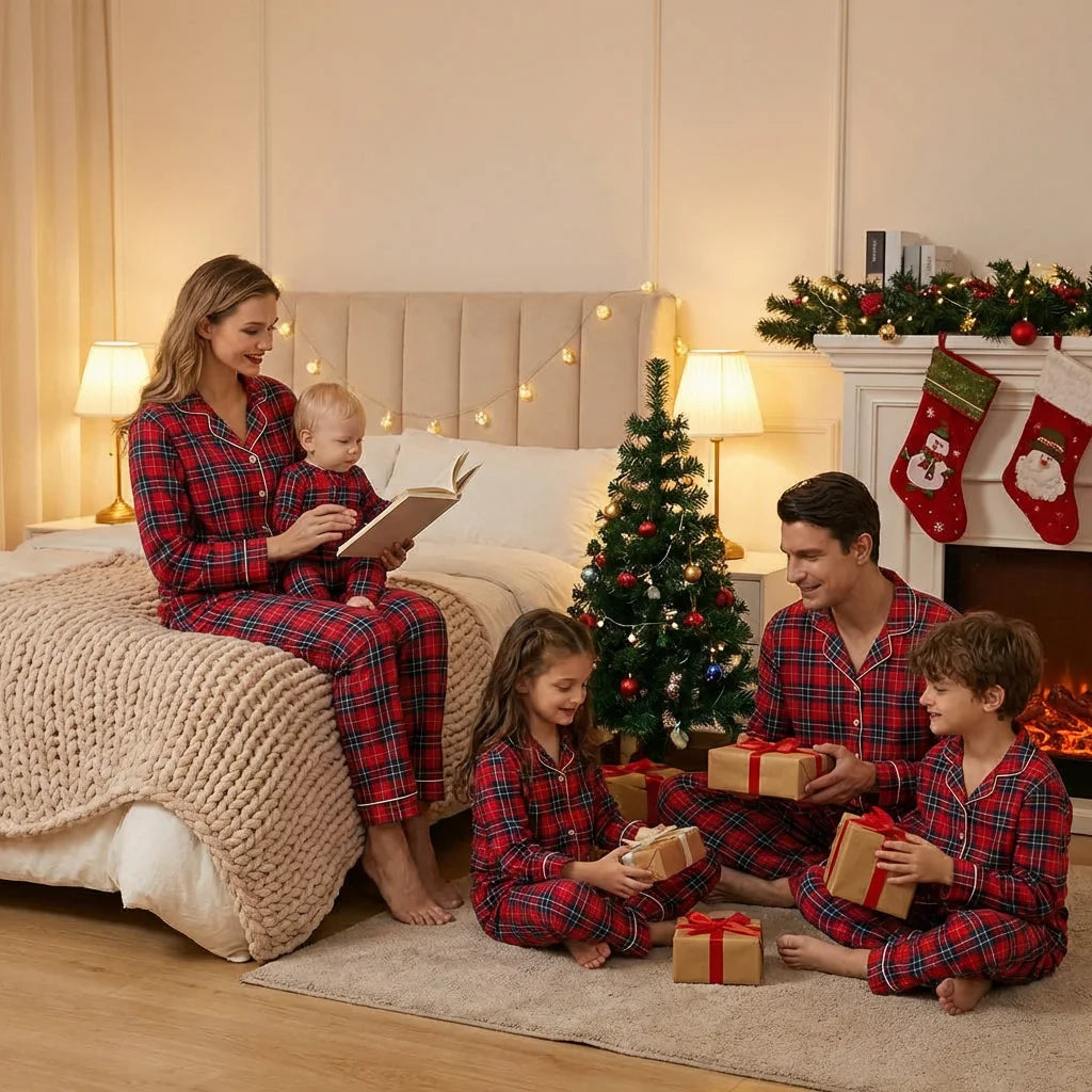 Family Matching Christmas Plaid Pajamas Set 100% Cotton Adults Kids Turn-down Collar Button Shirt+Trousers 2Pcs Xmas Sleepwear