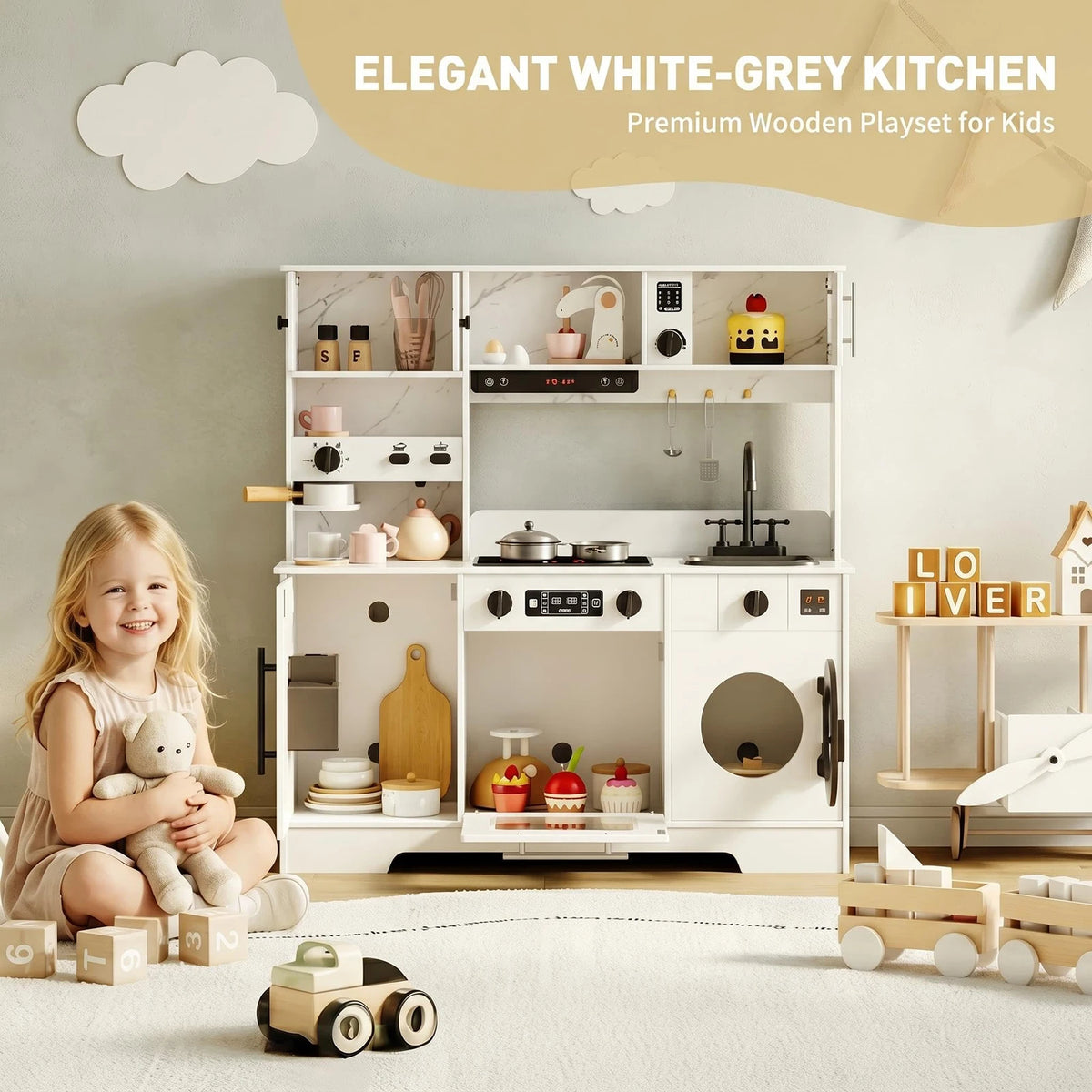 8-in-1 Wooden Play Kitchen Set For Kids With Lights Sounds, Ice Maker, Coffee Machine, Washer, 11 Accessories & Storage, Ages 3+