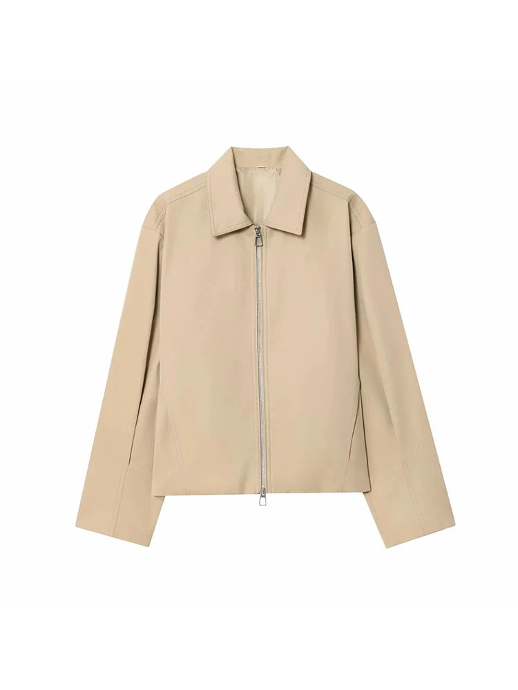 Women Casual Solid Zipper Coat Women Street Lapel Pockets Long Sleeve Simple Pleated Female Outwear Fashion Bomber Jacket