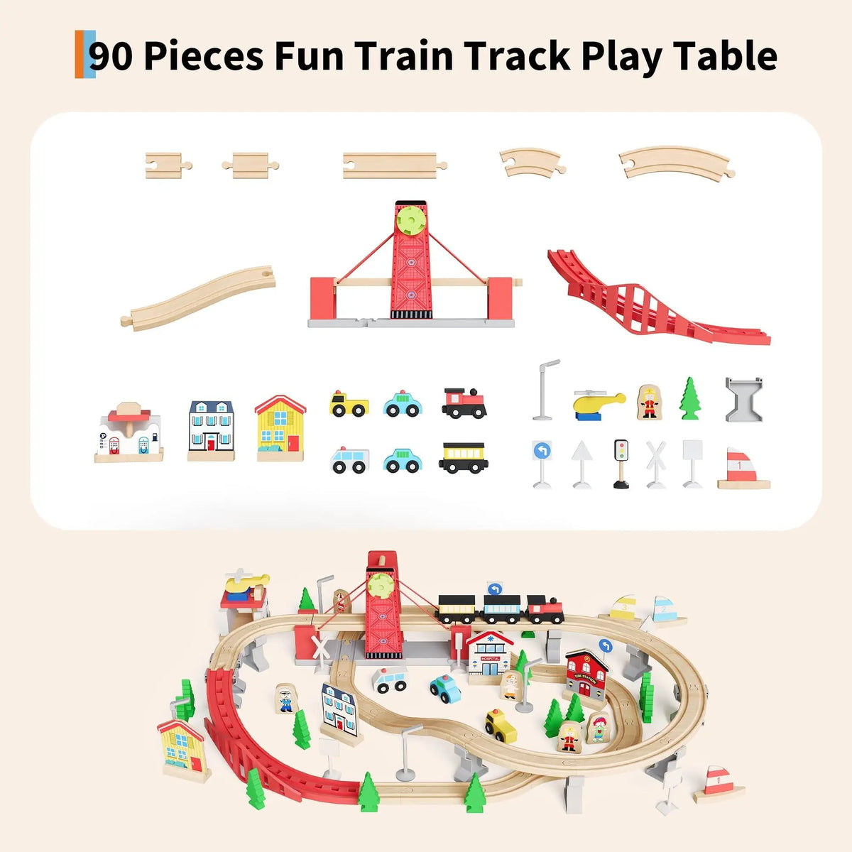 92PCS Wooden Train Table Set For Kids Ages 3+, Toddler Railway Playset With Trains, Tracks, Trees & Under Table Storage Bin