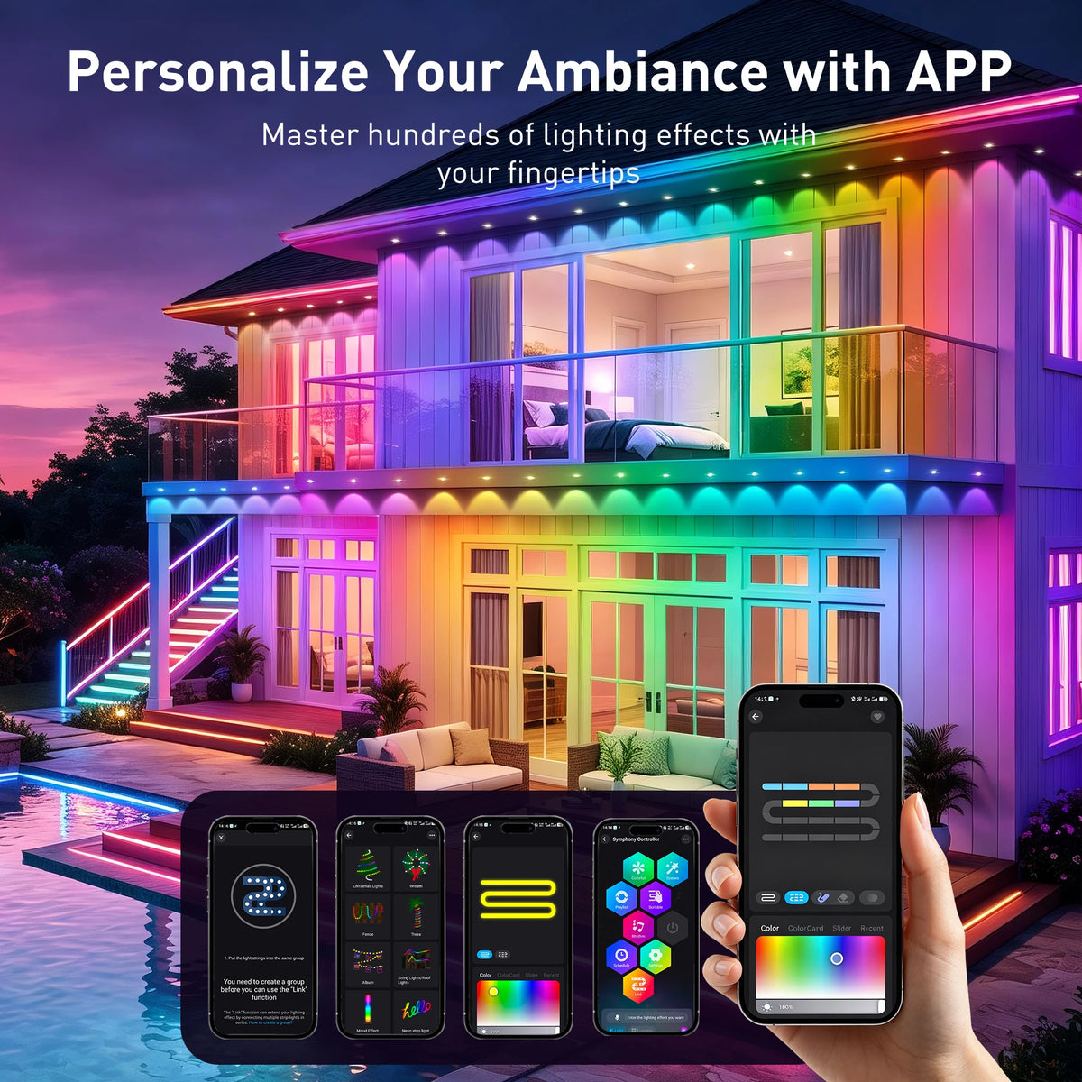 New Permanent Outdoor String Light RGBIC 600ft ,IP67 Waterproof Eaves Lights, App & Remote Control, Music Sync, MyDIY Timer, Easy Install for Patio, Roofline, Garden, Deck, Fence Holiday Decor