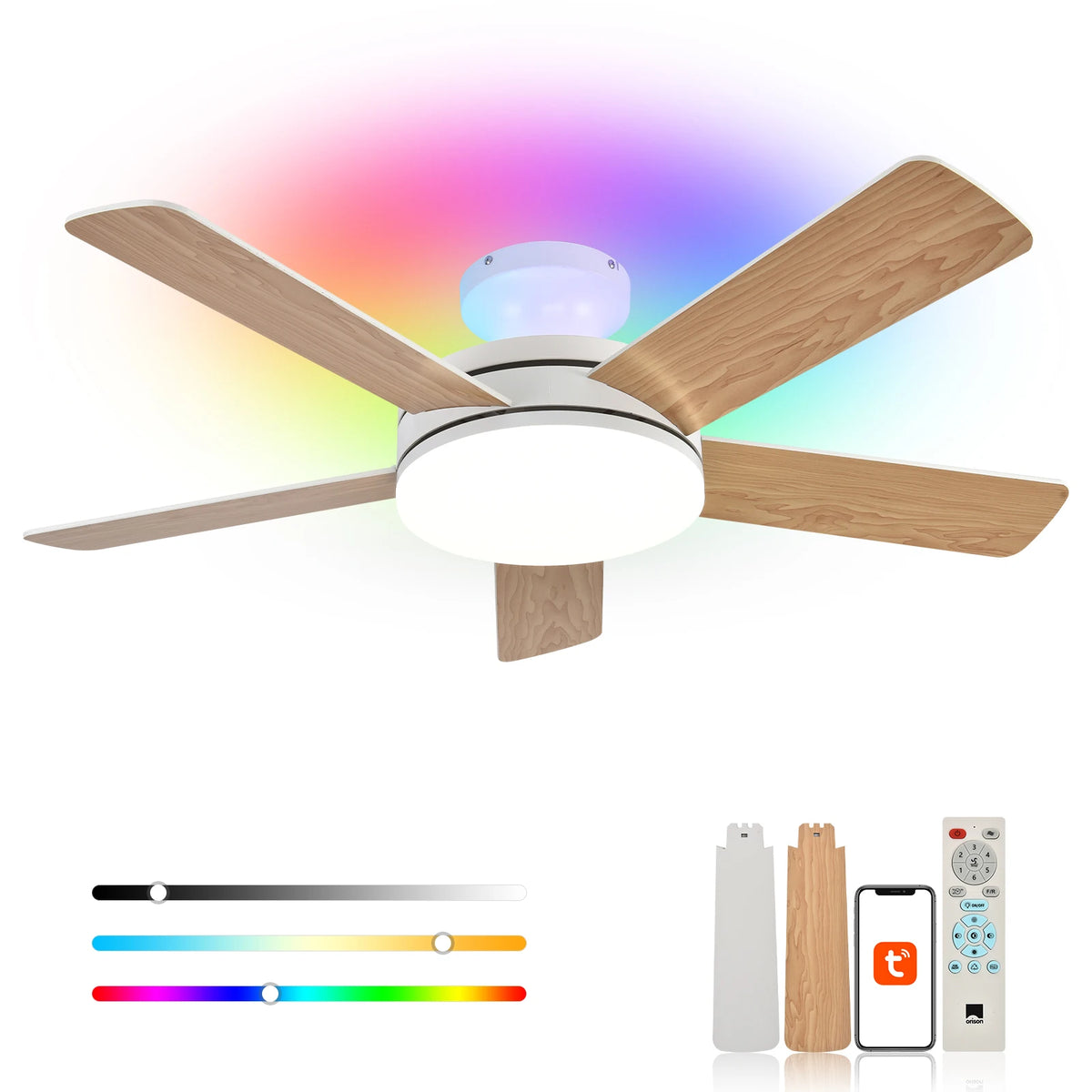 Orison 45" Low Profile Ceiling Fan with Light, Remote/APP Control, RGB Backlight, LED Dimmable, DC Motor, 6 Speeds, 5 Blades