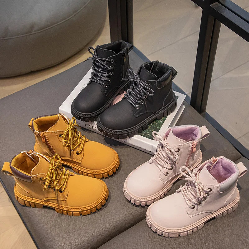 Fashion Boy Girl Short Boots Non-Slip British Style Boots Children's Side Zipper Design Single Boots Leather Boots Anti-skid