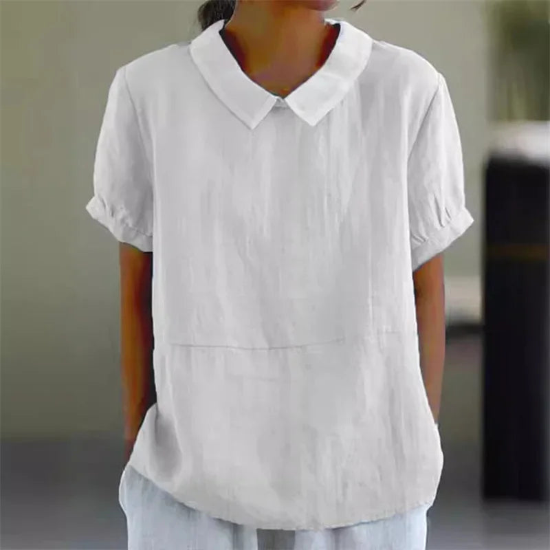 Solid Color Cotton Linen Lapel Pullover Shirt Women Summer Short Sleeve Blouse Female Comfortable Casual Simple Style Tops 2024