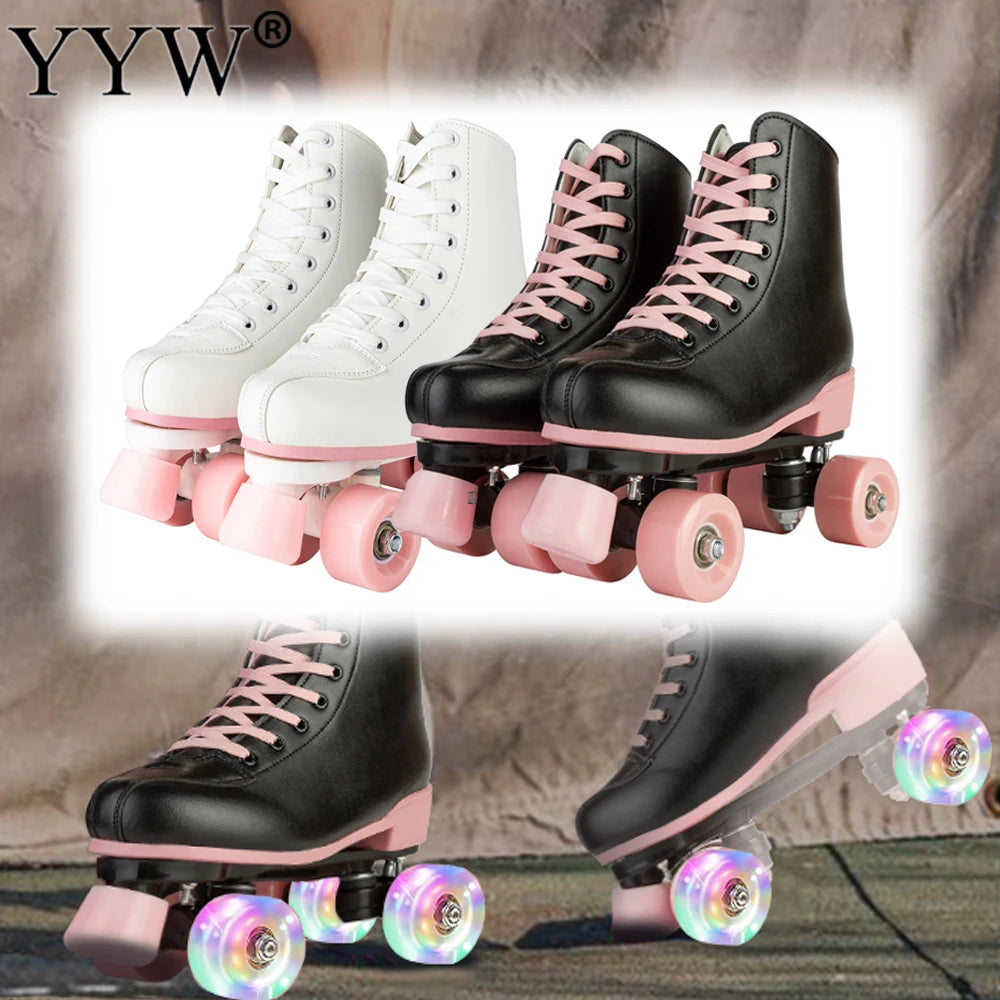 Adult Double-Row Roller Skates For Women Men Flashing 4 Wheels Skate Shoes Beginner Boys Girls Outdoor Skating Quad Sneakers Gifts Size 35 36 37 38 39 40