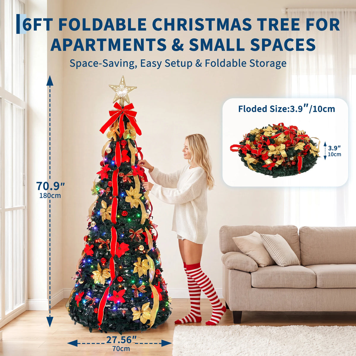 6-7 FT Pop-Up Pre-Lit Christmas Tree with LED Lights & Lighted Star Leader Pre-Decorated Artificial Xmas Tree for Indoor Holiday Decor