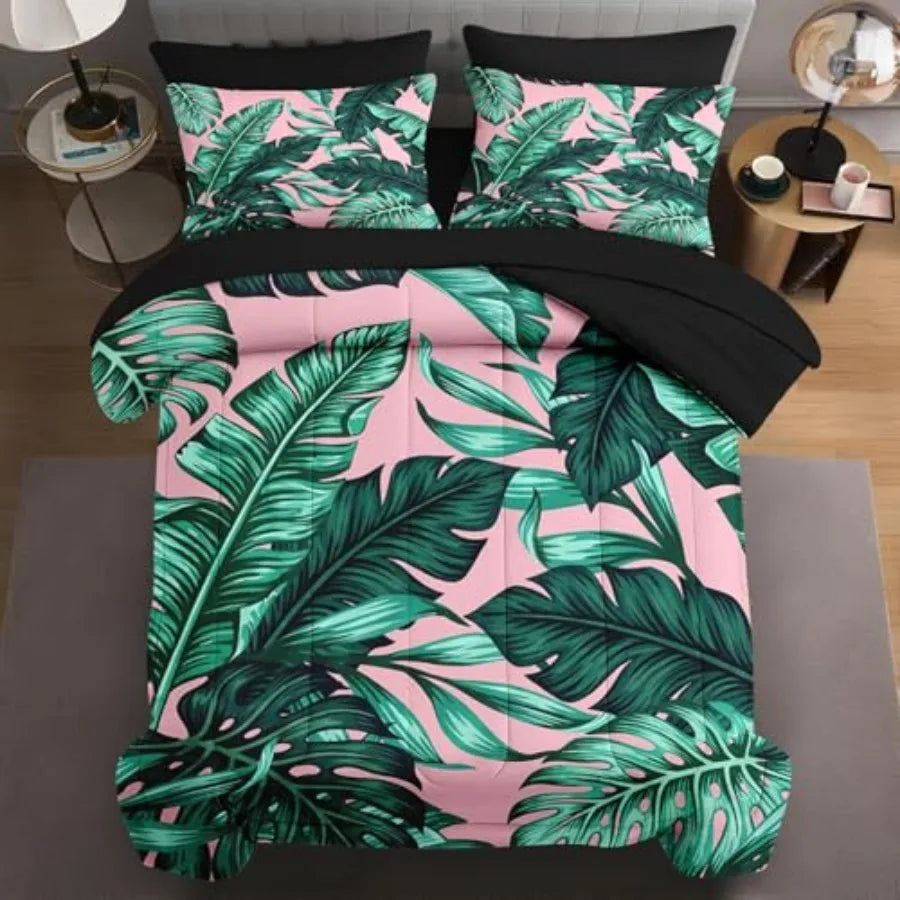 7 Pcs Size Comforter Set with 2 Pillowcases and 2 Shams Mid Century Bedding for Adults Sun Leaf Bed in a Bag with Flat Fitted S