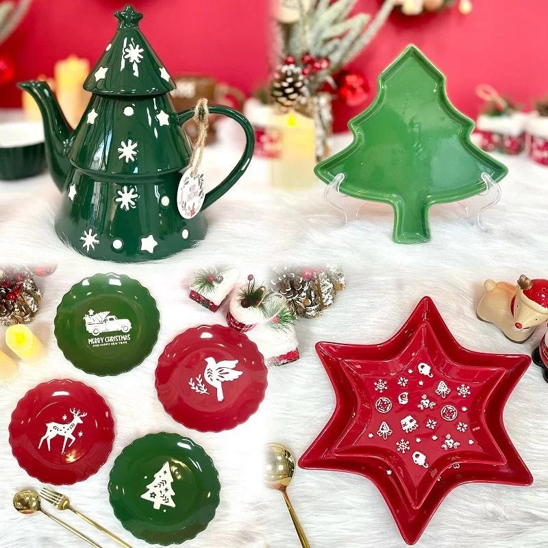 Ceramic Christmas Coffee Mug Cup Teapot Tree Plate Candy Dish Cake Tray Nordic Party Kitchen Tableware Drinkware Gift Decor