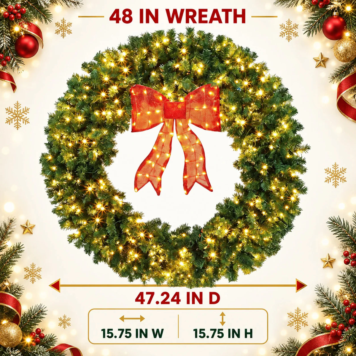 Pre Lit Artificial Christmas Wreath 48 Inch or 60 Inch with Warm White LED Lights Illuminated Red Bow Full PVC Branches Weather Resistant Front Door Wall Window Indoor Outdoor Holiday Decor