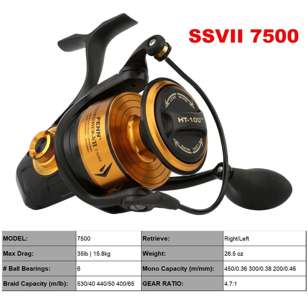 Penn Spinfisher VII Spinning Fishing Reel 3500/5500/6500/7500/8500/10500 HT-100 Carbon Fiber Drag Washers Spinning Wheel