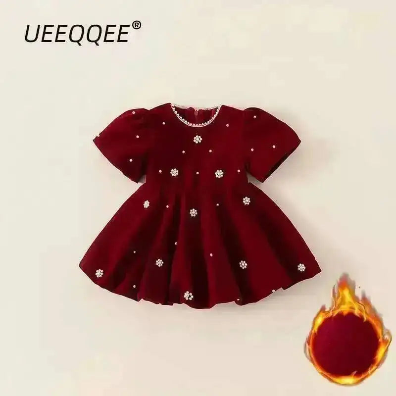 Autumn Winter Children Dress 1-10Y Girls Pearl Thick Warm Fleece Red Party Christmas Princess Dresses Toddler Wear Kids Clothing