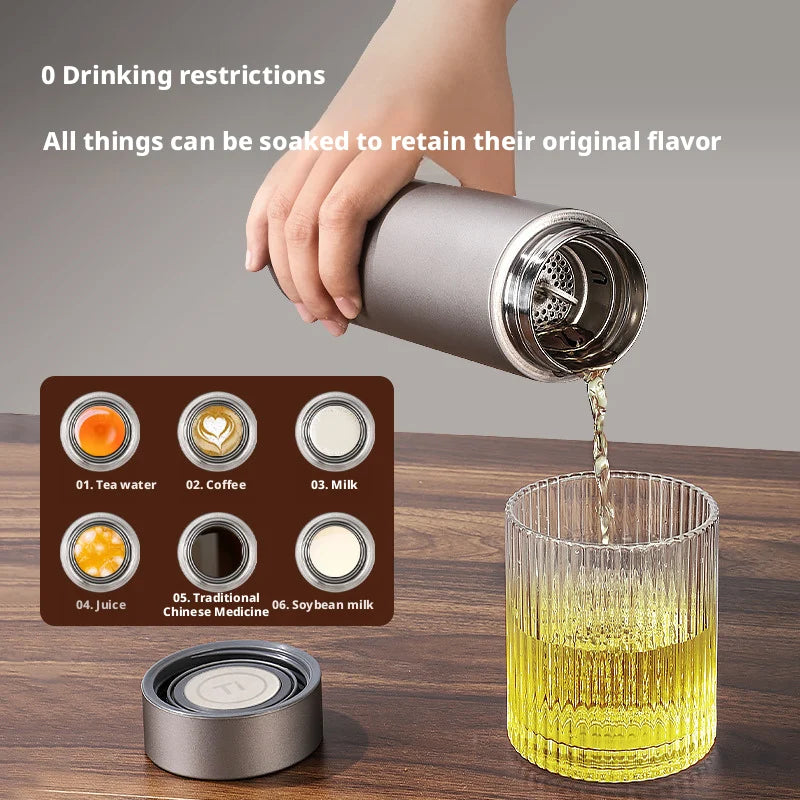 Pure Titanium Double Layer Water Bottle 480 ml Portable Small Capacity Thermal Pocket Cup for Outdoor Sports And Office