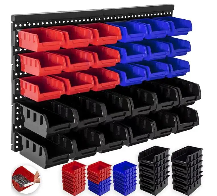 30pcs-Bin Wall Mounted Storage Bins Parts Rack Organizer Garage Shop Tool Organizer for Screws, Nuts, Bolts, Nails, Beads, and Small Hardware Parts, With Wall Panels