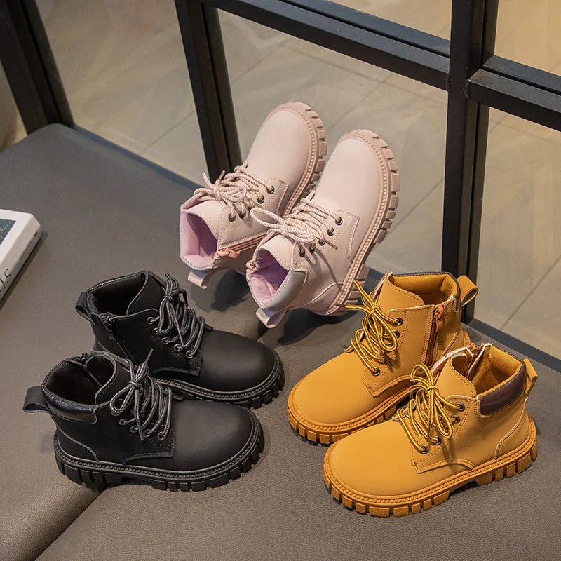 Fashion Boy Girl Short Boots Non-Slip British Style Boots Children's Side Zipper Design Single Boots Leather Boots Anti-skid