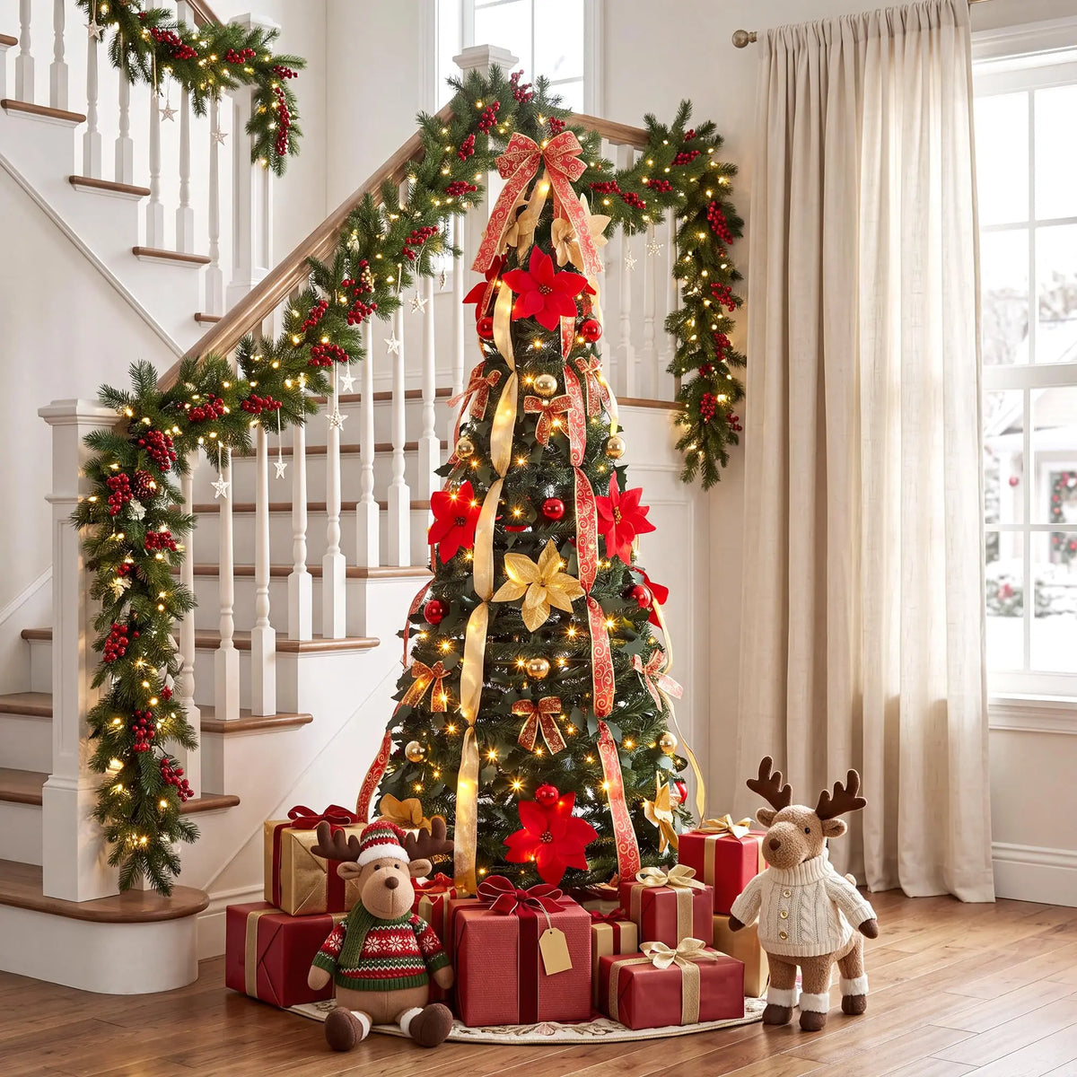 6FT Pre-Lit Pop Up Pencil Christmas Tree, 200 Warm White LED Lights, 8 Modes, Red Gold Ribbon Poinsettia Decor, Slim Holiday Tree