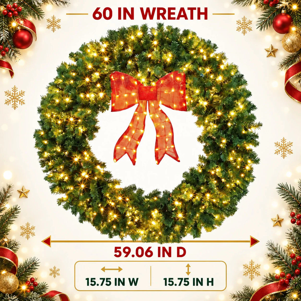 Pre Lit Artificial Christmas Wreath 48 Inch or 60 Inch with Warm White LED Lights Illuminated Red Bow Full PVC Branches Weather Resistant Front Door Wall Window Indoor Outdoor Holiday Decor