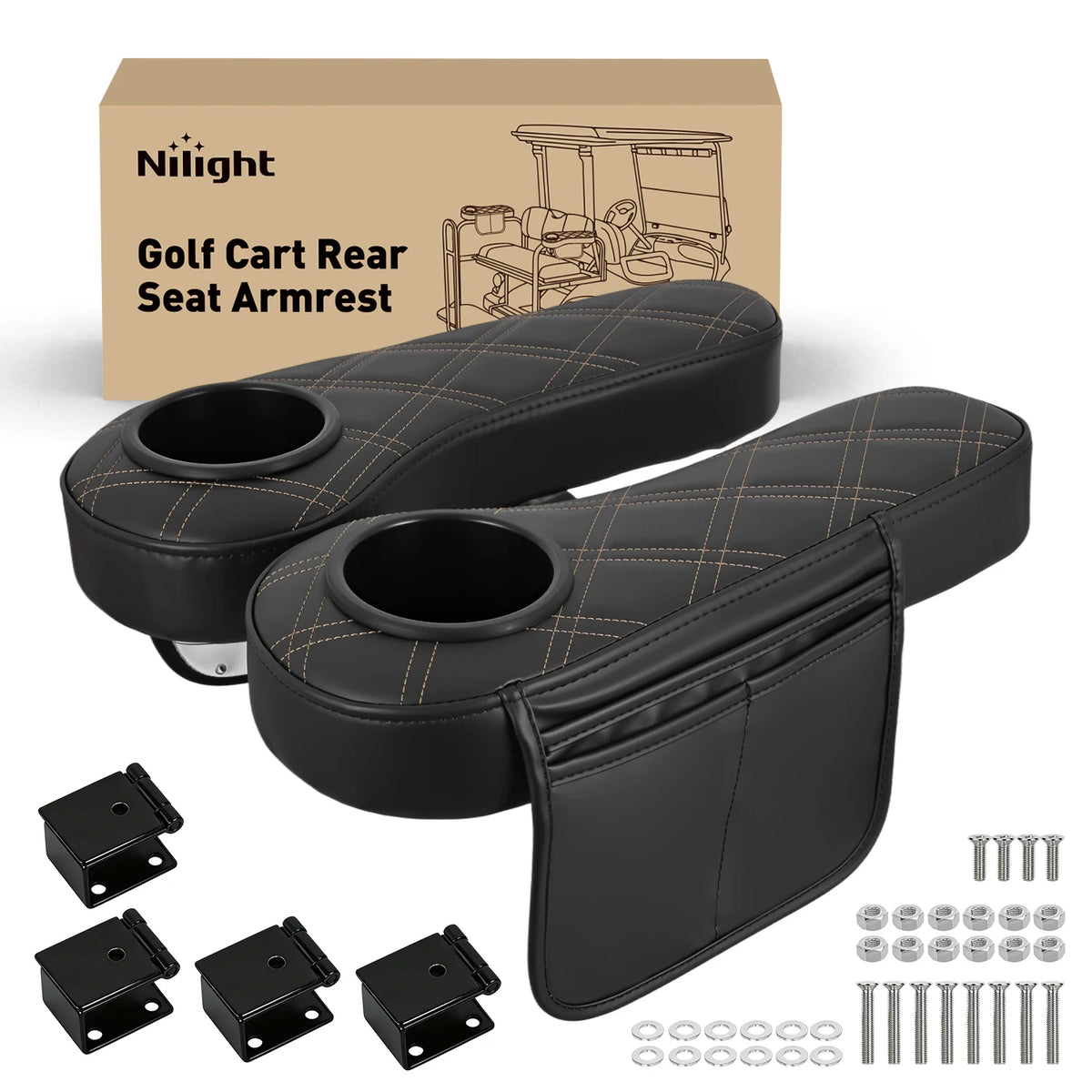 Nilight Golf Cart Armrest Black 2PCS Flip Stand Fits 1 inch Square No Drilling with Detachable Cup Holder Iron Bracket PU Leather Wooden Baseboard for EZGO Club Car Yamaha Rear Seat