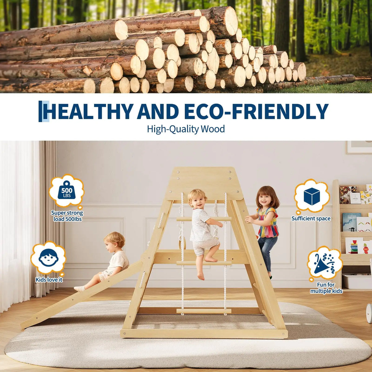 6 In 1 Wooden Indoor Jungle Gym For Kids, Slide Climber Playset With Monkey Bars, Rock Wall, Rope Net, Rings & Ladder For Home