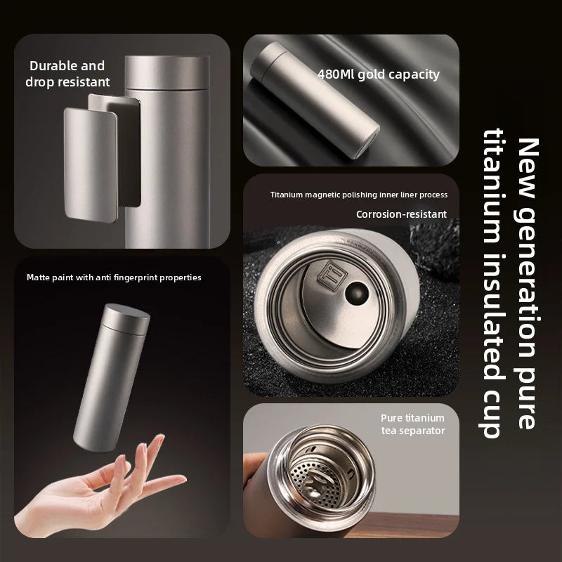 Pure Titanium Double Layer Water Bottle 480 ml Portable Small Capacity Thermal Pocket Cup for Outdoor Sports And Office