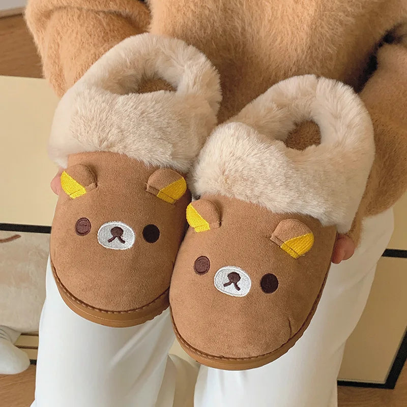 New Cute Rilakkuma Winter Wear Non Slip Warm Shoes Home Cute Bear Couple Slippers Anime Surrounding Girls Christmas Gift