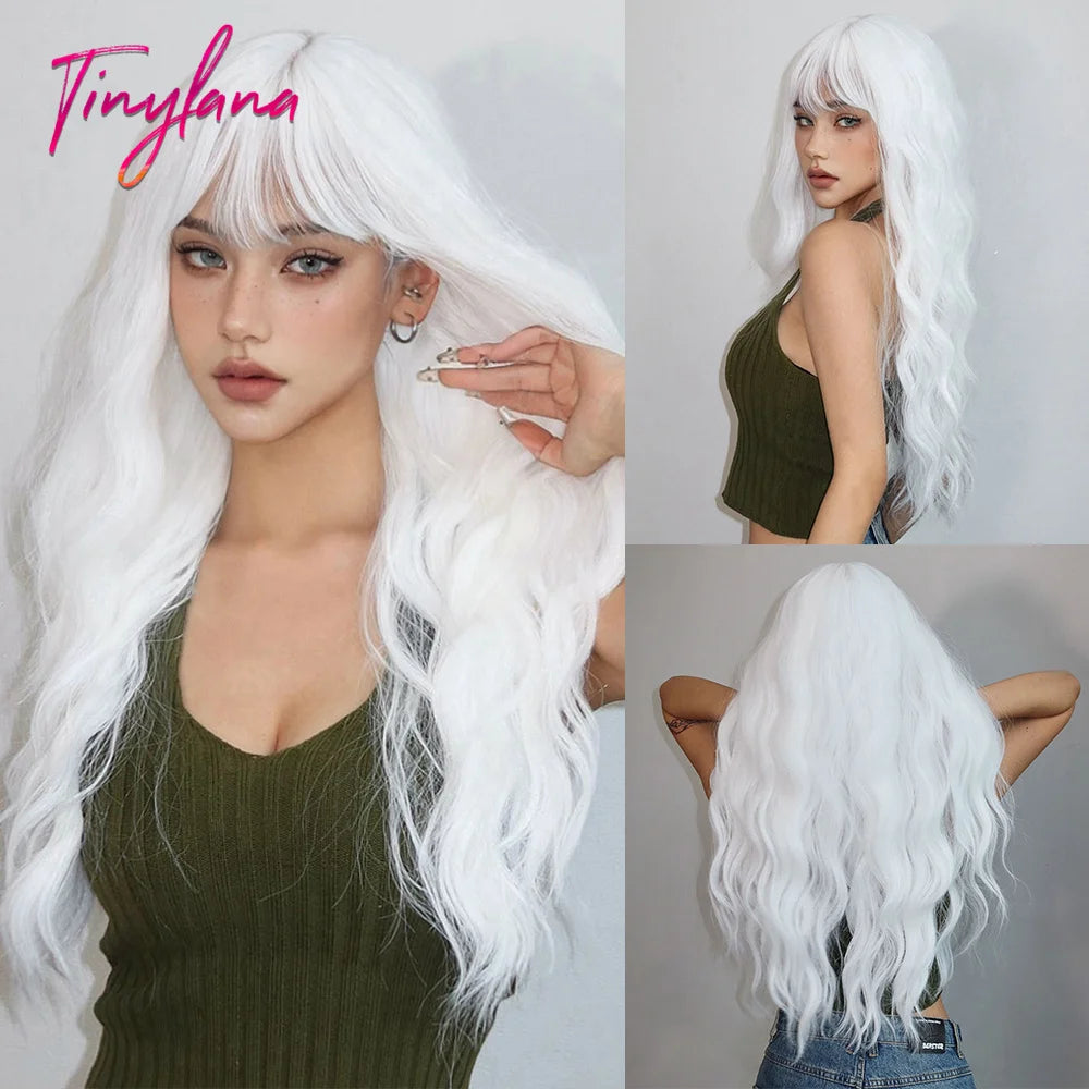 Long Curly Green Wave Synthetic Wigs with Bangs for Women Christmas Grass Green Cosplay Wigs Daily Natural Hair Heat Resistant