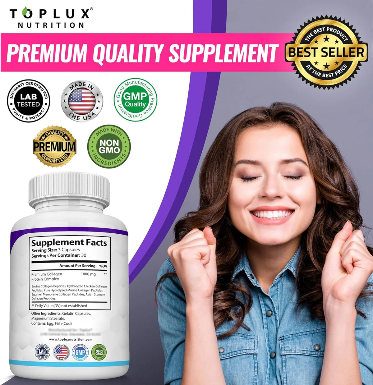 Multi Collagen Peptides Capsules 1800mg Type I,II,III,V,X Hydrolyzed Protein Collagen Complex for Skin, Hair, Nails, Joint