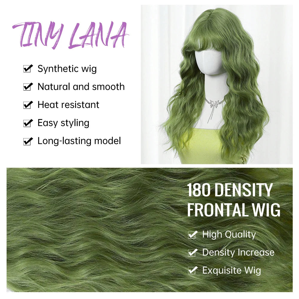 Long Curly Green Wave Synthetic Wigs with Bangs for Women Christmas Grass Green Cosplay Wigs Daily Natural Hair Heat Resistant