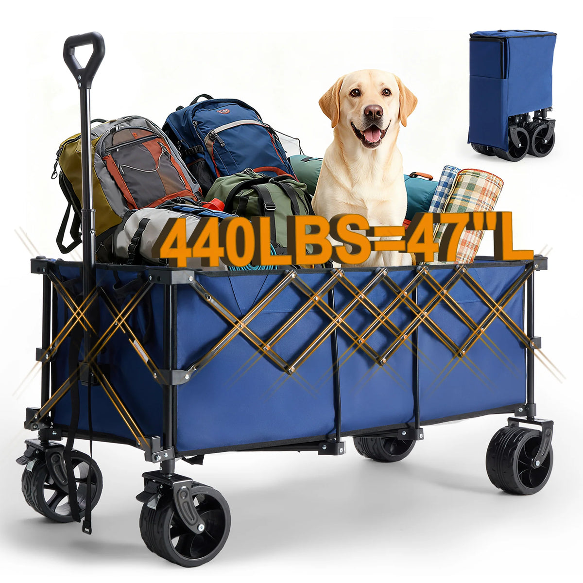 JHK Portable Extended Collapsible Wagon Cart 440lbs Foldable Extra Long Heavy Duty Utility Wagon with Wheels Storage Grocery Cart for Camping Shopping Sports Beach Garden