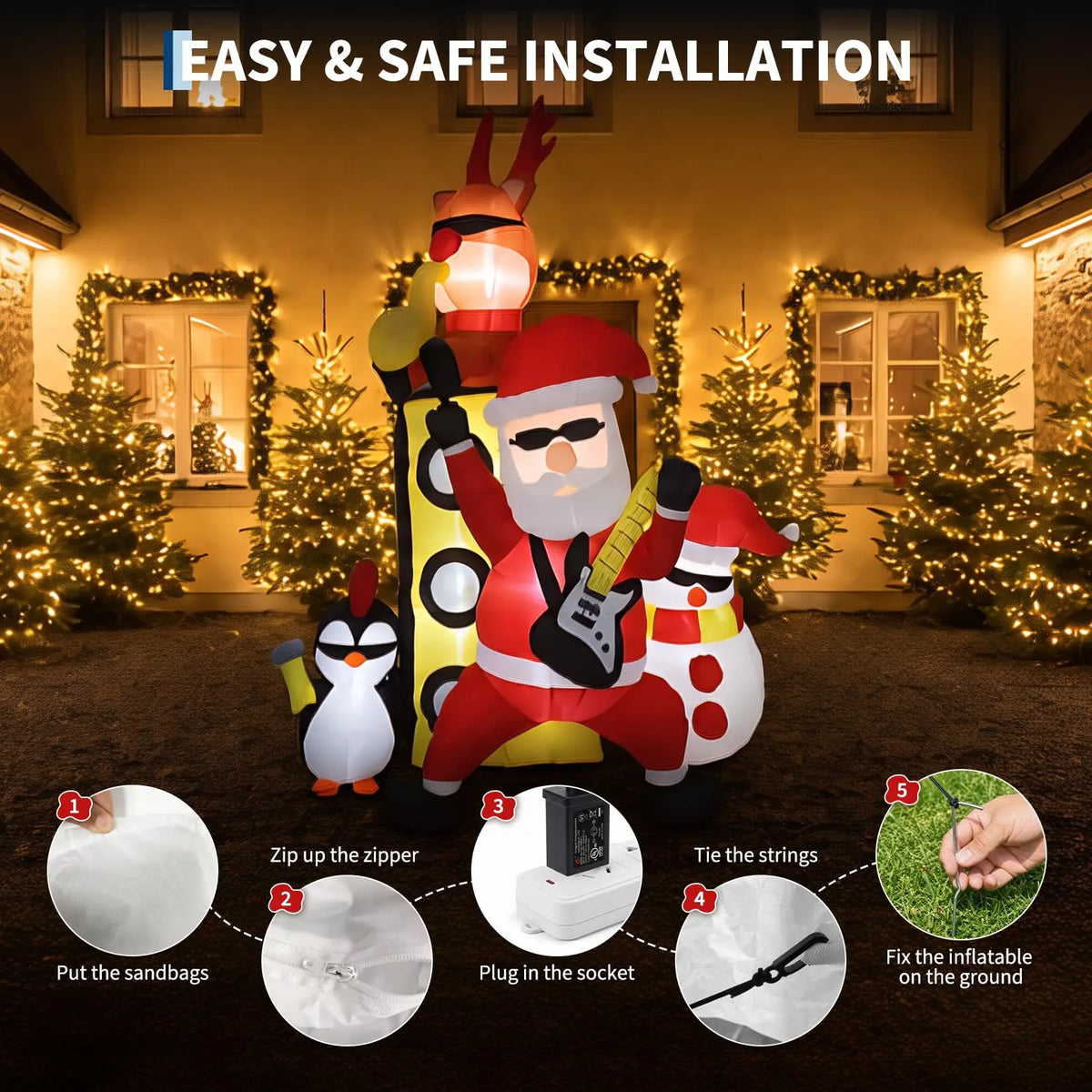 7FT Christmas Inflatable Santa Band With Reindeer Snowman Penguin 5 LED Lights, Blow Up Outdoor Toy For Yard Lawn Porch Party Decor