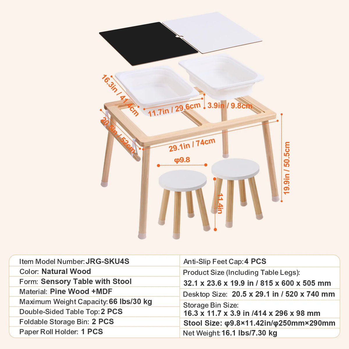 SucceBuy Wooden Sensory Table for Kids Activity with 3 Foldable Storage Bins & Double-Sided Board Indoor/Outdoor for Studying