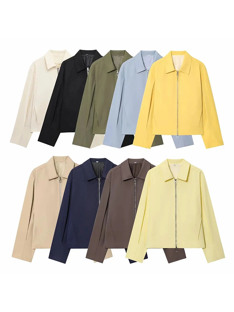 Women Casual Solid Zipper Coat Women Street Lapel Pockets Long Sleeve Simple Pleated Female Outwear Fashion Bomber Jacket