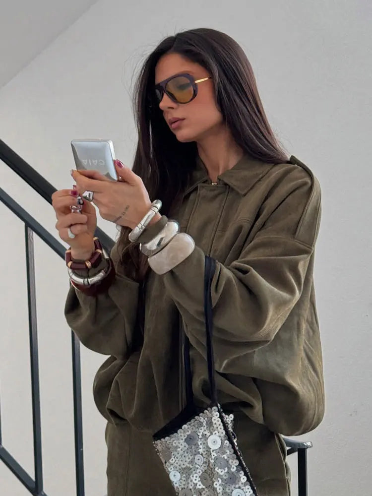 HH Women Elegant Party Jacket Loose Casual Office Coat Lapel Zipper Long Sleeve Vintage Autumn Vacation Winter Solid Outerwear