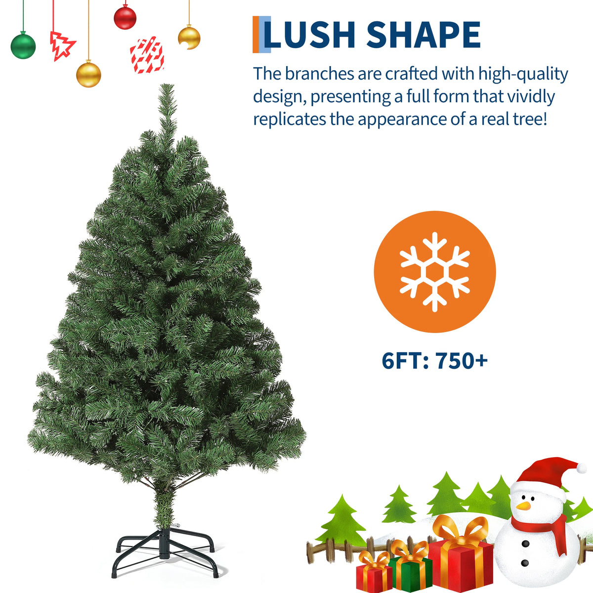GAOMON Prelit Artificial Christmas Tree 6 Feet - Fraser Fir with 300 Multicolor Led Lights - Wide Hinged Design, Fire Resistant, Ul Certified - Ideal for Home and Office