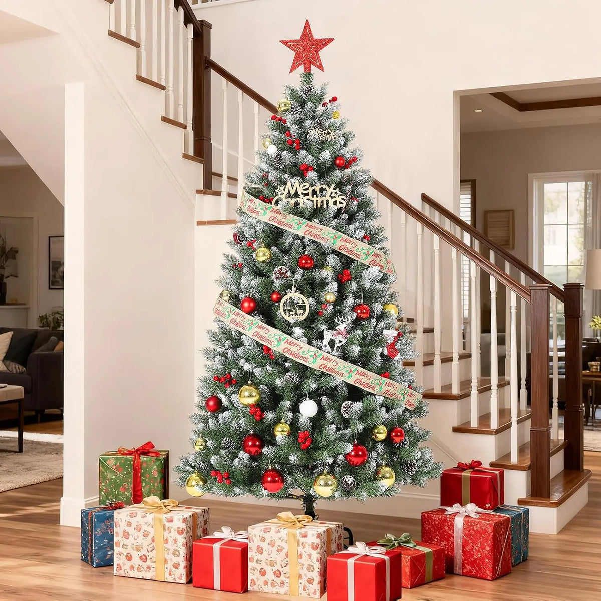 5FT Snow-Flocked Artificial Christmas Tree with Berries – 850 PE/PVC Branch Tips, Easy Assembly Hinged Design, Holiday Decor for Home