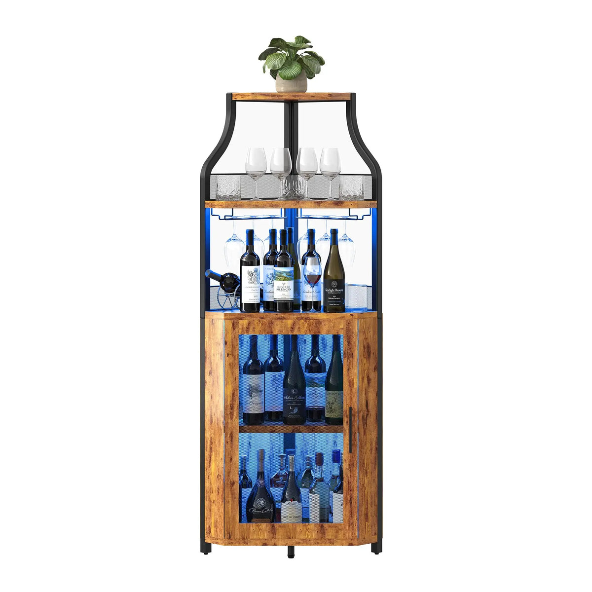 Corner Bar Wine Cabinet With LED Lights, 5-Tier Liquor Storage Cabinet With Glass Holder, Mesh Door & Adjustable Shelf For Home