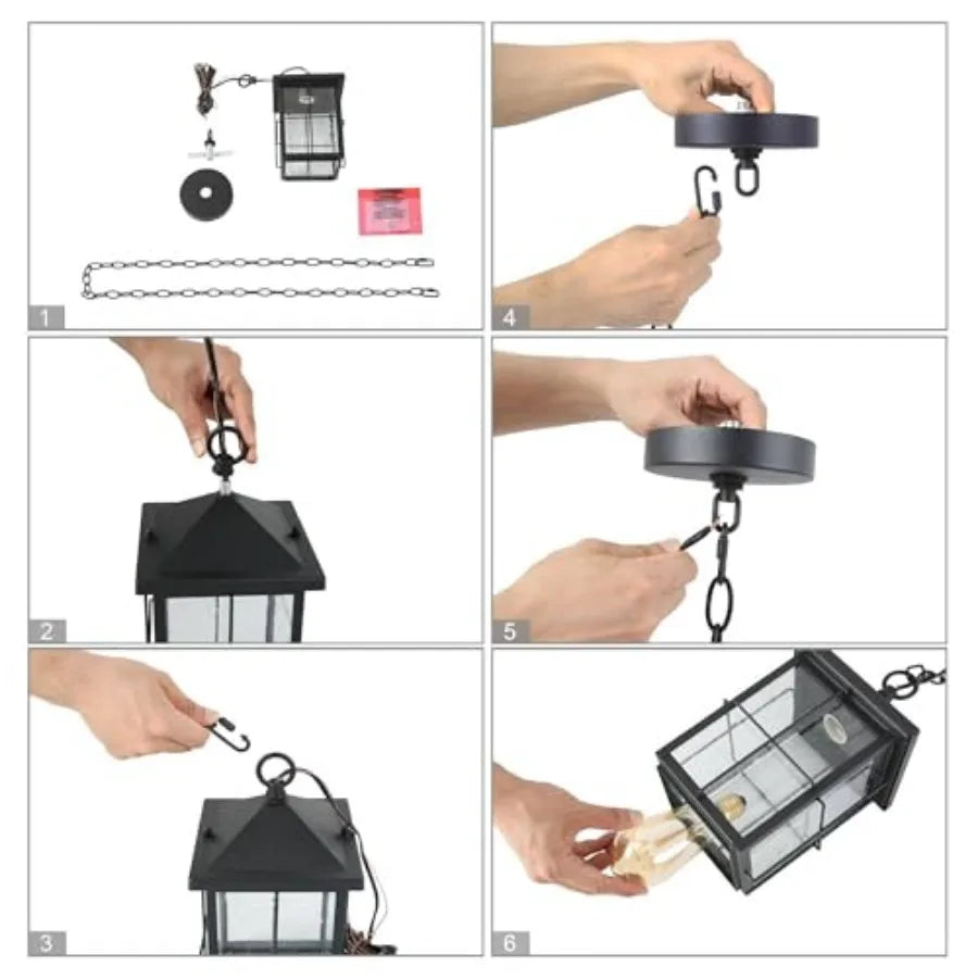 Outdoor Pendant Light Fixture Farmhouse Exterior Hanging Lights with Adjustable Chain Black Ceiling Outdoor Light with Seeded G