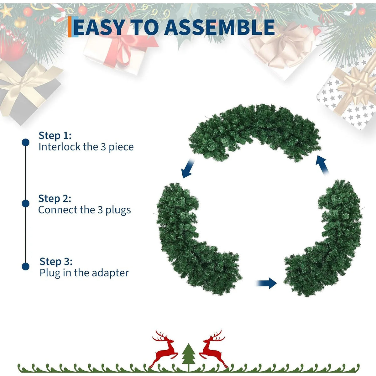 Pre Lit Artificial Christmas Wreath 48 Inch or 60 Inch with Warm White LED Lights Illuminated Red Bow Full PVC Branches Weather Resistant Front Door Wall Window Indoor Outdoor Holiday Decor