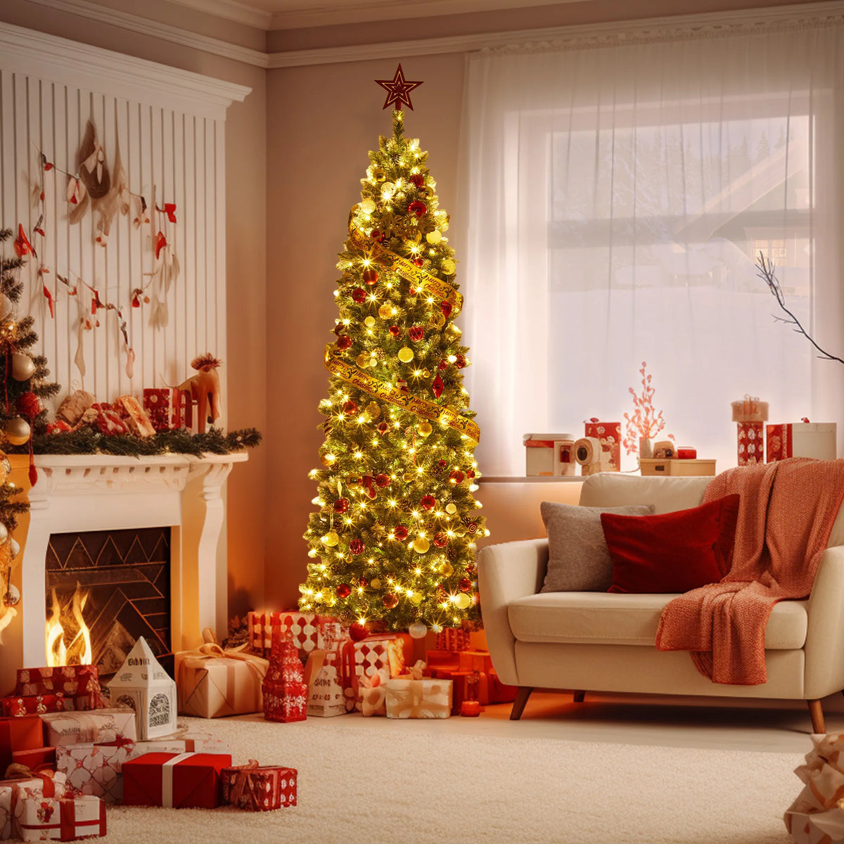 12ft Pre-Lit Flocked Slim Pencil Christmas Tree with 700 Warm White LEDs, 60 Pine Cones & Collapsible Metal Stand – Artificial Xmas Tree for Indoor Outdoor Holiday Decor