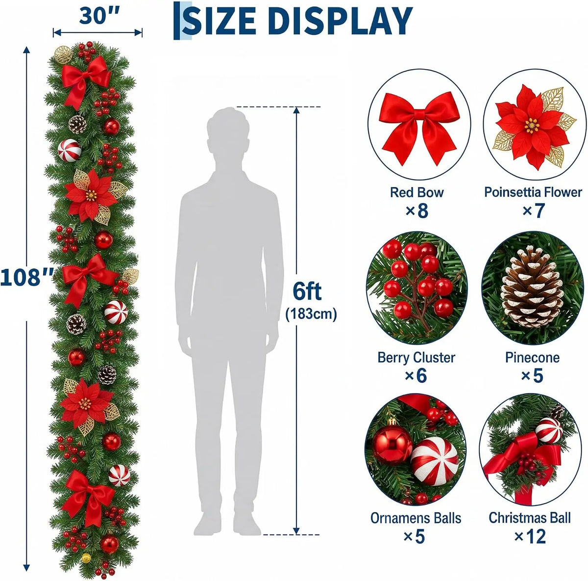 Garvee 9 ft Christmas Garland with 40 LED Lights, 8 Lighting Modes and Timer Plants Garland Wreaths Home Party Decoration Outdoor Yard Pine Tree Rattan Hanging Ornament