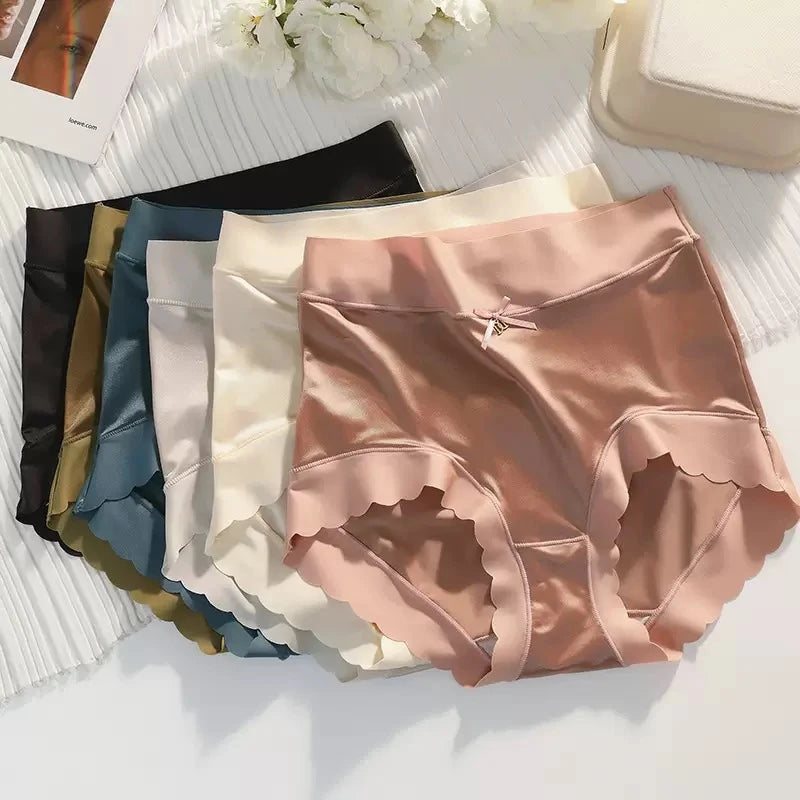 6pcs Plus Size Women's Seamless Luxury Satin Briefs Mid-Waist Ruffle Mulberry Silk Butt-Lifting Panties Skin-Friendly Crotch, Sexy, Stretchy UnderWear for Women