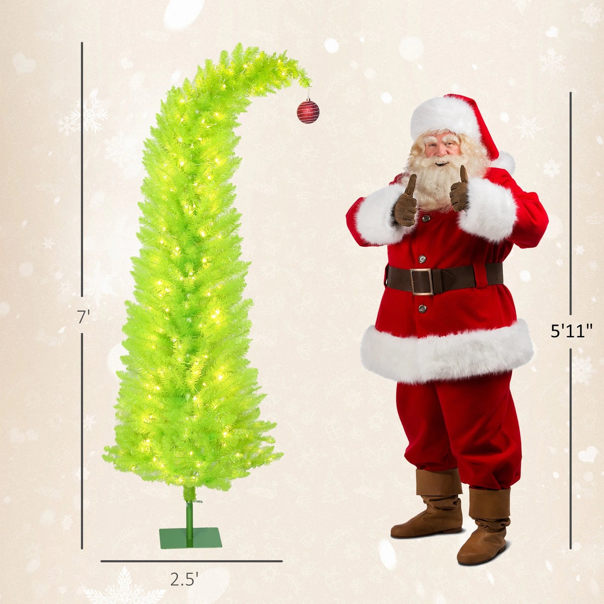 7FT Bright Green Whimsical Curved Artificial Christmas Tree Pre-lit with LED Lights, Bendable Xmas Tree for Indoor Holiday Home Party Decor